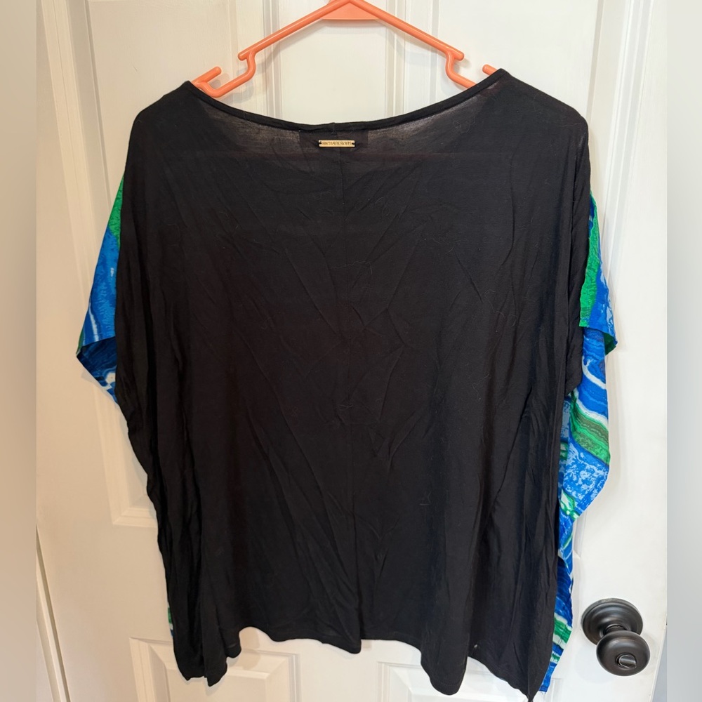 Michael Kors Blue & Green Wave-Stripe Short Poncho Sleeve Top - Picture 4 of 6